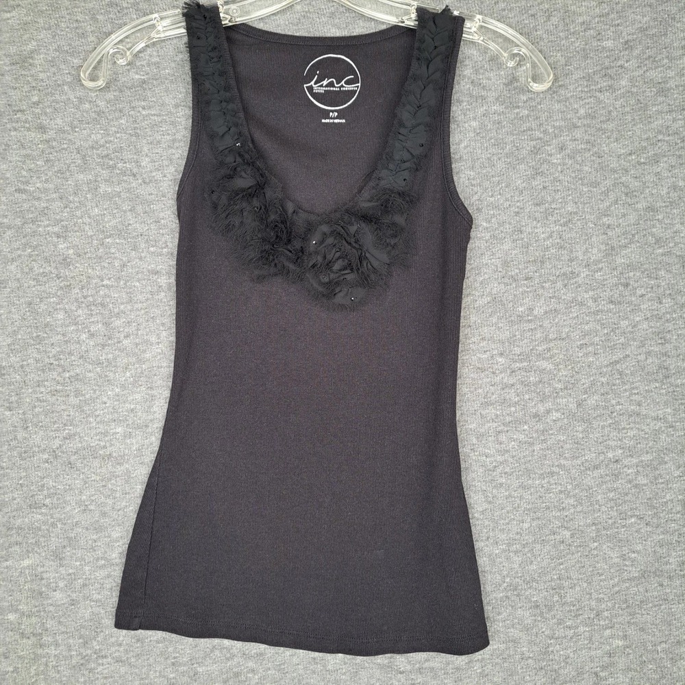 INC Tank Top Women Petite P Black Ruffle Rosette Sequin Mesh Scoop Neck Ribbed